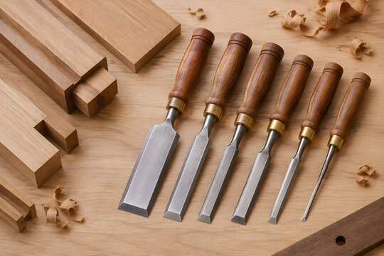 Wood chisels without logos arranged neatly beside unfinished hardwood pieces on a clean workbench