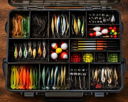 Fishing tackle box without logos opened to reveal organized lures floats and accessories