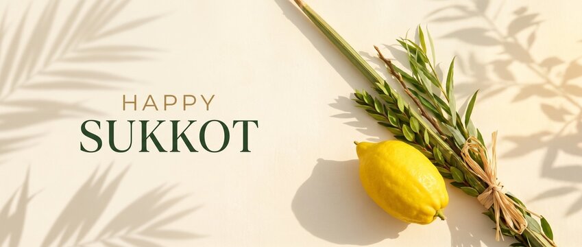 Happy Sukkot greeting banner with traditional etrog, lulav and palm shadows on warm beige background