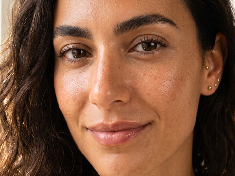 Close-up portrait of a young multi-ethnic woman with freckles and natural skin texture looking at the camera with a gentle smile