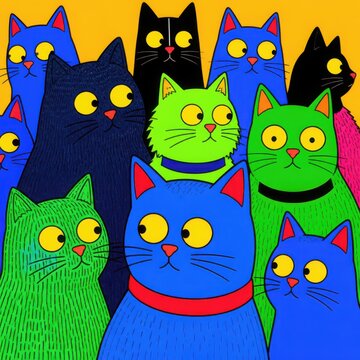 Children's Cartoon Vibrant pixel-art cats in a colorful, stylized formation