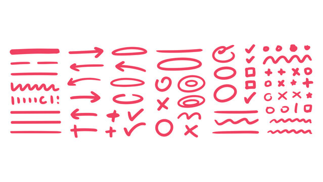 A collection of handdrawn red doodle elements including arrows underlines checkmarks circles plus signs crosses and wavy lines on isolated white background