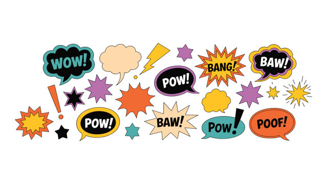 A colorful collection of comic book style speech bubbles and explosive sound effect shapes featuring exclamations like wow bang pow and poof