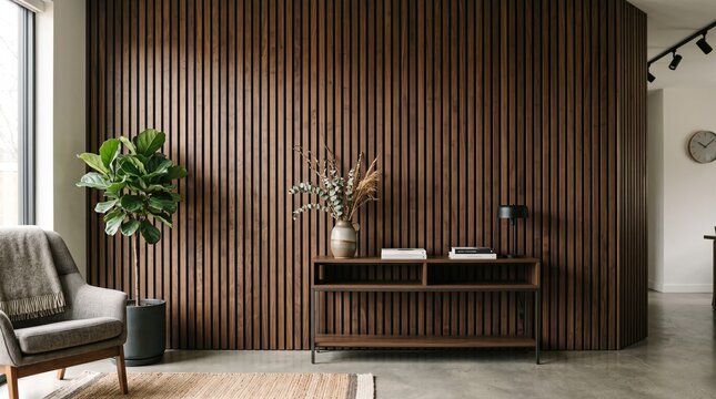 Modern living room with slatted wood accent wall and minimalist furniture