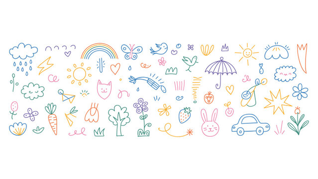 A colorful collection of handdrawn vector doodles including animals nature elements weather symbols and simple objects for cute creative design projects