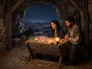 Fototapeta premium Nativity Scene with Mary, Joseph, and baby Jesus in the manger inside a cave under starry night sky, Christian Christmas holiday background with copy space