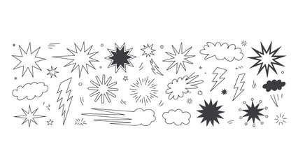 A set of hand drawn comic book style explosion elements stars clouds and lightning bolts isolated on a plain white background