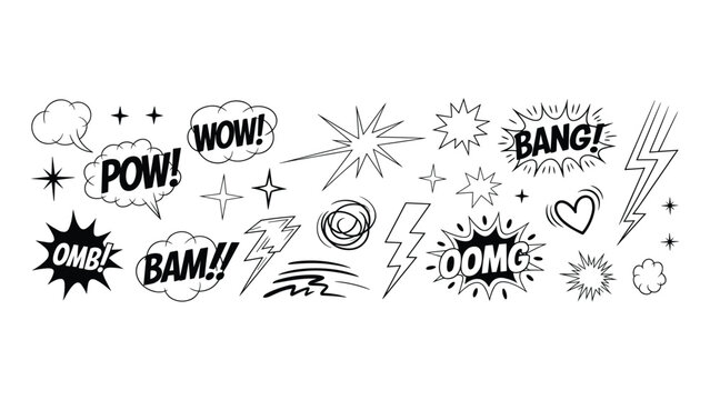 A set of black and white comic book style speech bubbles and explosive action elements with various expressive text and shapes