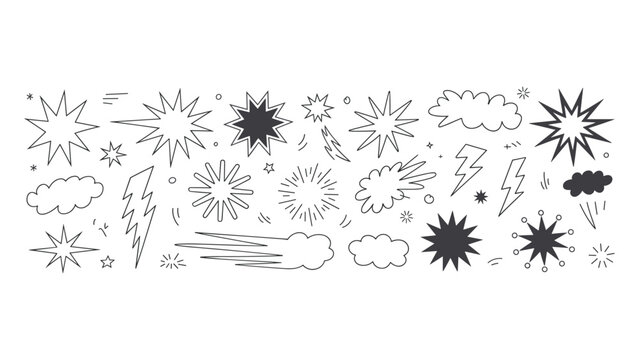 A set of hand drawn comic book style explosion elements stars clouds and lightning bolts isolated on a plain white background