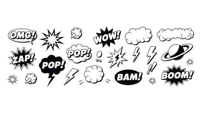 Set of black and white comic book speech bubbles and explosion shapes with text expressions for manga style graphic design illustrations