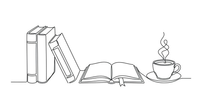 A Minimalist Reading Nook: A continuous line drawing depicts a stack of closed books, an open book with a bookmark, and a steaming cup of coffee on a saucer.