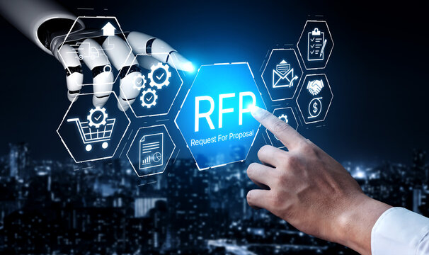 Futuristic Hand and Robotic Arm Interacting with Digital Request for Proposal Interface in Night Cityscape Background. Bitwise.
