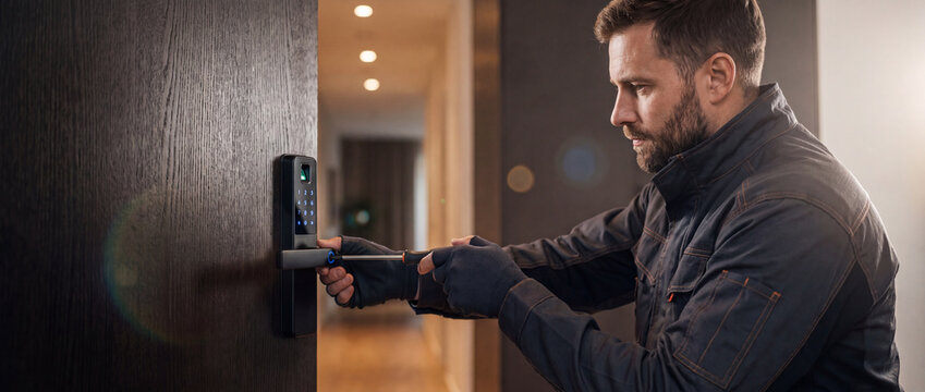 Smart lock installation on an entrance door by a focused technician using a screwdriver to assemble the electronic digital keypad and biometric handle for smart home security