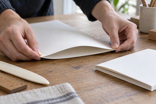 Learner hands align the corners of a bowed blank sheet before pressing its first fold beside a completed reference section on a wooden teaching table during a practical bookbinding workshop