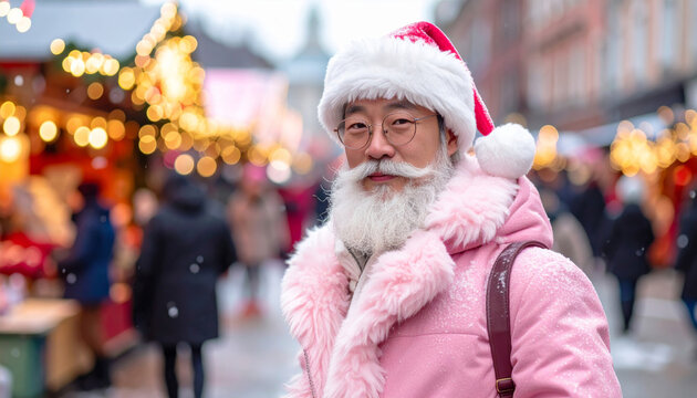 Asian santa claus celebrating christmas in festive market
