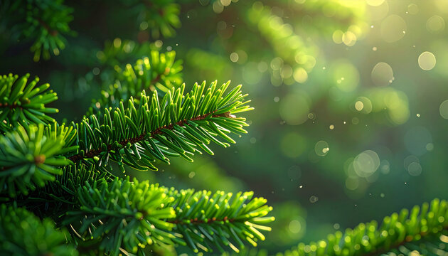 Fir tree branches catching sunlight in forest with Copyspace