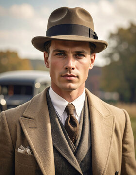 Elegant man wearing fedora hat outside looking at camera