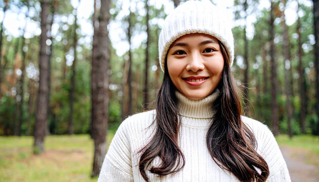 Young asian woman smiling in winter nature forest