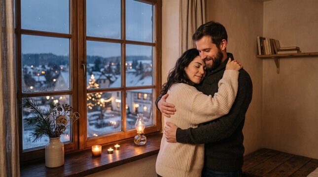 Couple Embracing by Window on Snowy Winter Evening with Cozy Lights