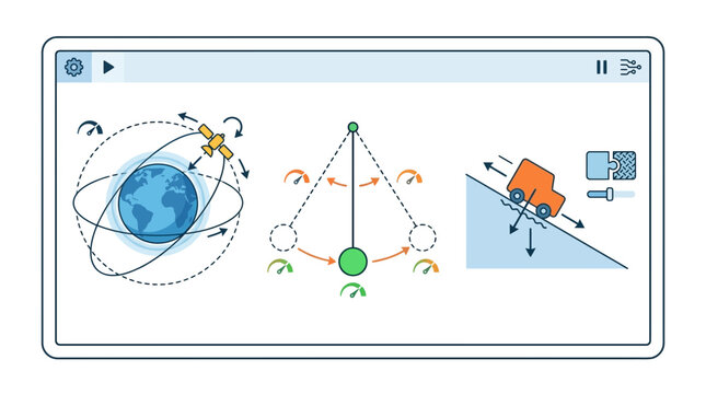 Educational vector illustration showing physics concepts like planetary orbits, pendulum motion, and inclined plane mechanics for digital learning science modules