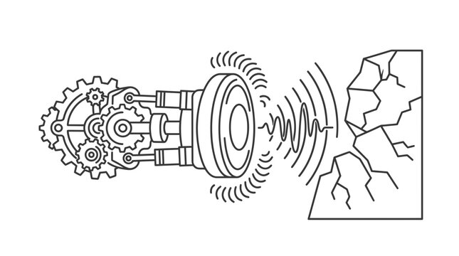 Mechanical device emitting sound waves toward a fractured stone surface depicted in this clean minimalist flat vector line art illustration