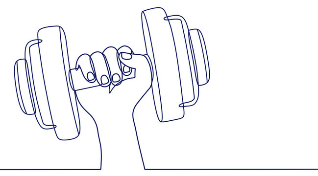 Line art illustration of a fitness concept, featuring a hand holding a barbell for exercise