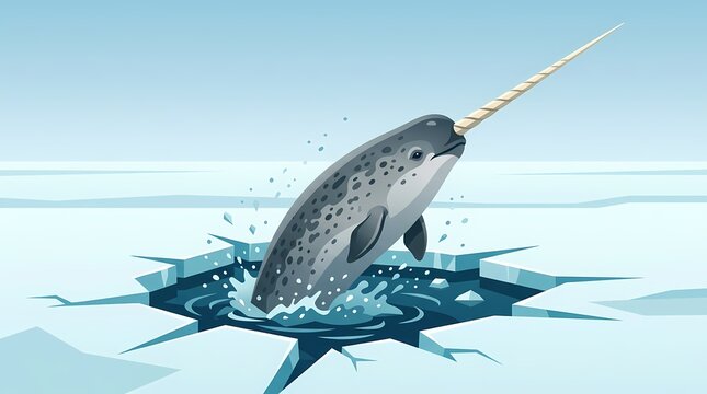 A beautiful illustration of a majestic narwhal jumping out of an icy arctic ocean.