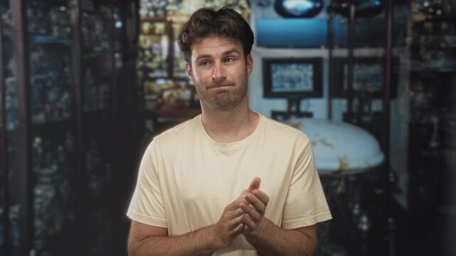Man in beige t shirt clapping hands and glancing sideways amid studio props and vintage equipment, visible forearms and chest; subdued uncertainty.