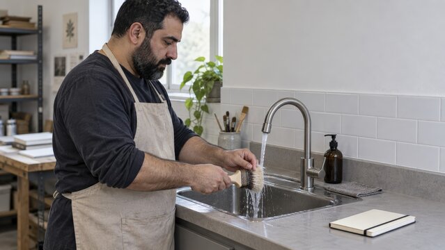 Middle Eastern man washing paste from a reusable brush at a bookbinding workshop sink with one hand working the wet bristles beneath a gentle stream and a closed notebook on the dry counter