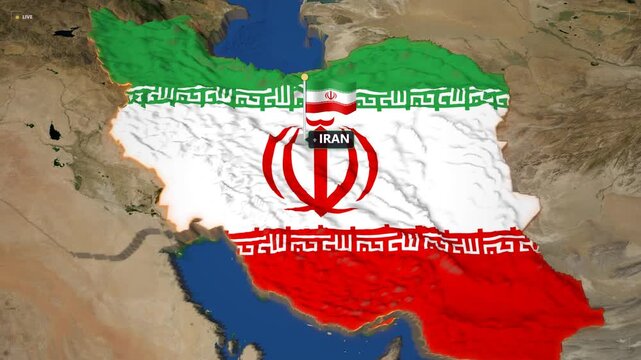 3D animated map of iran and iraq highlighting middle east geopolitics, borders, and national flags for news