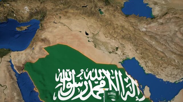 3D animated map of middle east showing saudi arabia, iraq, and iran with national flags and borders for geopolitical news