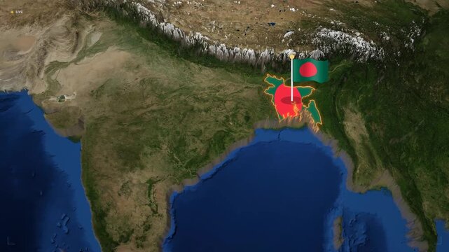 3D animated map of south asia showing bangladesh, india, and myanmar with waving flags and relief topography