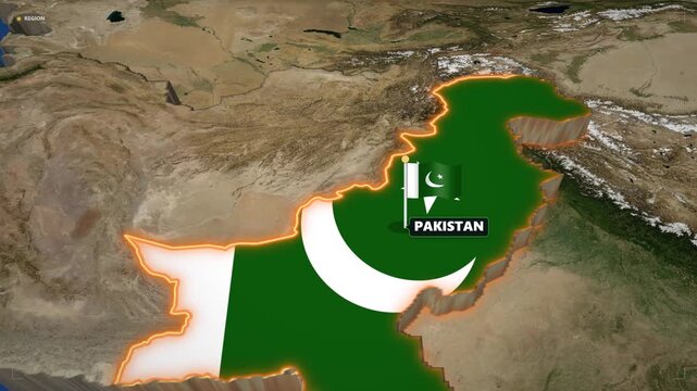 3D animated map of pakistan, afghanistan, and iran with national flags and country labels for geopolitical news and presentation backgrounds