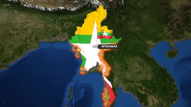 3D map animation of myanmar and bangladesh border conflict, geopolitical tension, international relations, and regional crisis concept