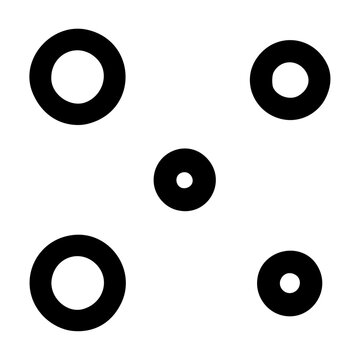 Five circular rings of varying thicknesses arranged in a balanced quincunx constellation pattern, abstract geometric vector icon rendered with solid black lines on a plain white background