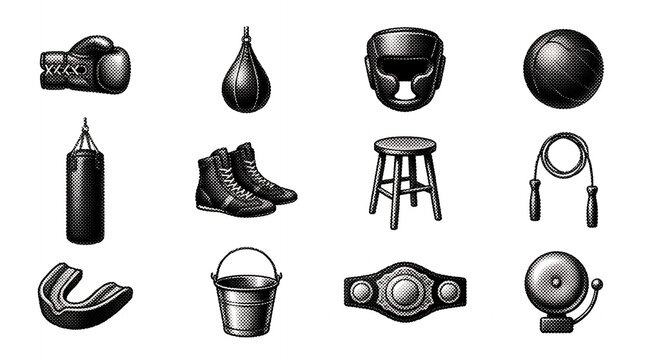 Boxing training gear icons in halftone style featuring gloves punch bags and headgear.