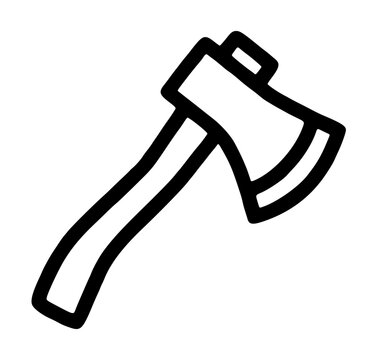 Camping hatchet with a curved wooden handle attached to a flared metal axe head with a sharp bevel, bold outline vector icon depicting a classic woodchopping tool on a plain white backdrop
