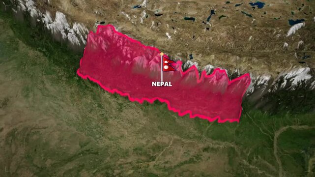 Animated 3D satellite map zooming out from nepal to reveal neighboring china with national flags and borders
