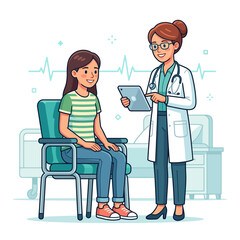 Fototapeta premium Doctor consulting with a patient, showing a medical record on a tablet in a modern clinic, illustration style
