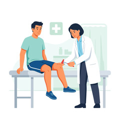 Obraz premium Doctor examining patient's knee reflex with a reflex hammer, medical check-up concept, modern flat illustration style