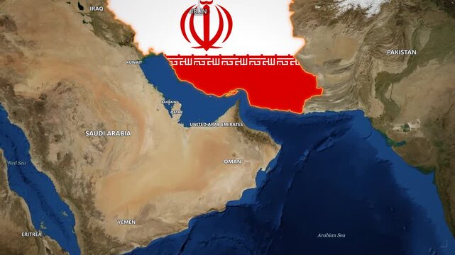 Animated satellite map zooming into iran, oman, and the united arab emirates with national flags and borders