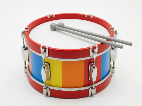 Colorful Snare Drum with Drumsticks Isolated on White Background