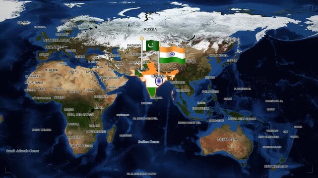 India and pakistan map zoom with national flags: geopolitical animation and territorial relations concept for news and international relations