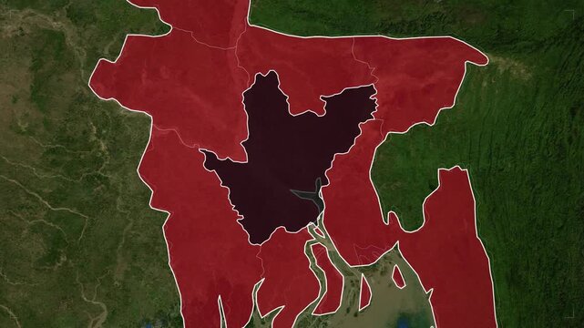 Zoom in on bangladesh map to dhaka city capital marker geographic satellite navigation motion background