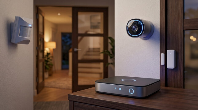 Smart home security hub on console table. Wireless surveillance system with indoor camera and sensors. Modern IoT automation setup