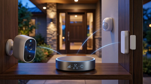 Smart home security hub connecting wireless devices at entryway. IoT surveillance system with outdoor camera, door sensor, and motion detector at dusk