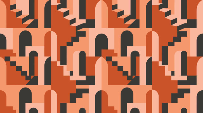 Geometric architectural pattern with archways and staircases in shades of terracotta and dark grey