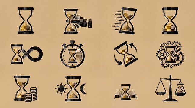 Hourglass time management icons featuring sand clocks for productivity and deadline themes.