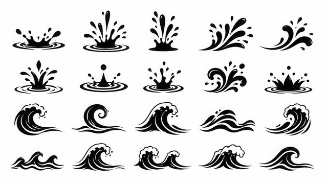 Water splash ocean wave silhouette set vector graphic for liquid drop swirl burst and sea surf icon design