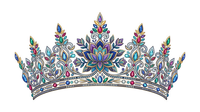 Ornate Floral Royal Crown with Colorful Gemstones